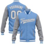 Custom Team Name Number Light Blue White-Gray Bomber Varsity Letterman Two-Tone Full-Snap Jacket Personalized Light Blue