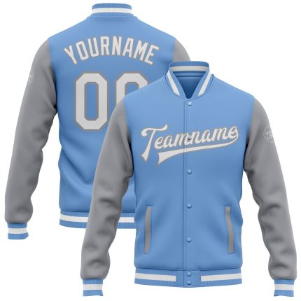 Custom Team Name Number Light Blue White-Gray Bomber Varsity Letterman Two-Tone Full-Snap Jacket Personalized Light Blue