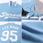 Custom Team Name Number Light Blue White-Gray Bomber Varsity Letterman Two-Tone Full-Snap Jacket Personalized Light Blue