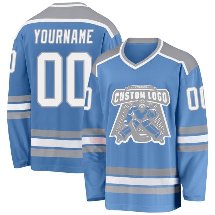 Personalized Light Blue White Gray Hockey Jersey for Men, Women, Kids - Custom Sports Apparel Personalized Light Blue White-Gray