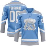 Custom Name and Number Light Blue White-Gray Hockey Jersey with Lace Neck - Personalized Team Apparel Personalized Light