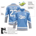 Custom Name and Number Light Blue White-Gray Hockey Jersey with Lace Neck - Personalized Team Apparel Personalized Light