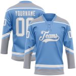 Custom Name and Number Light Blue White-Gray Hockey Jersey with Lace Neck - Personalized Team Apparel Personalized Light
