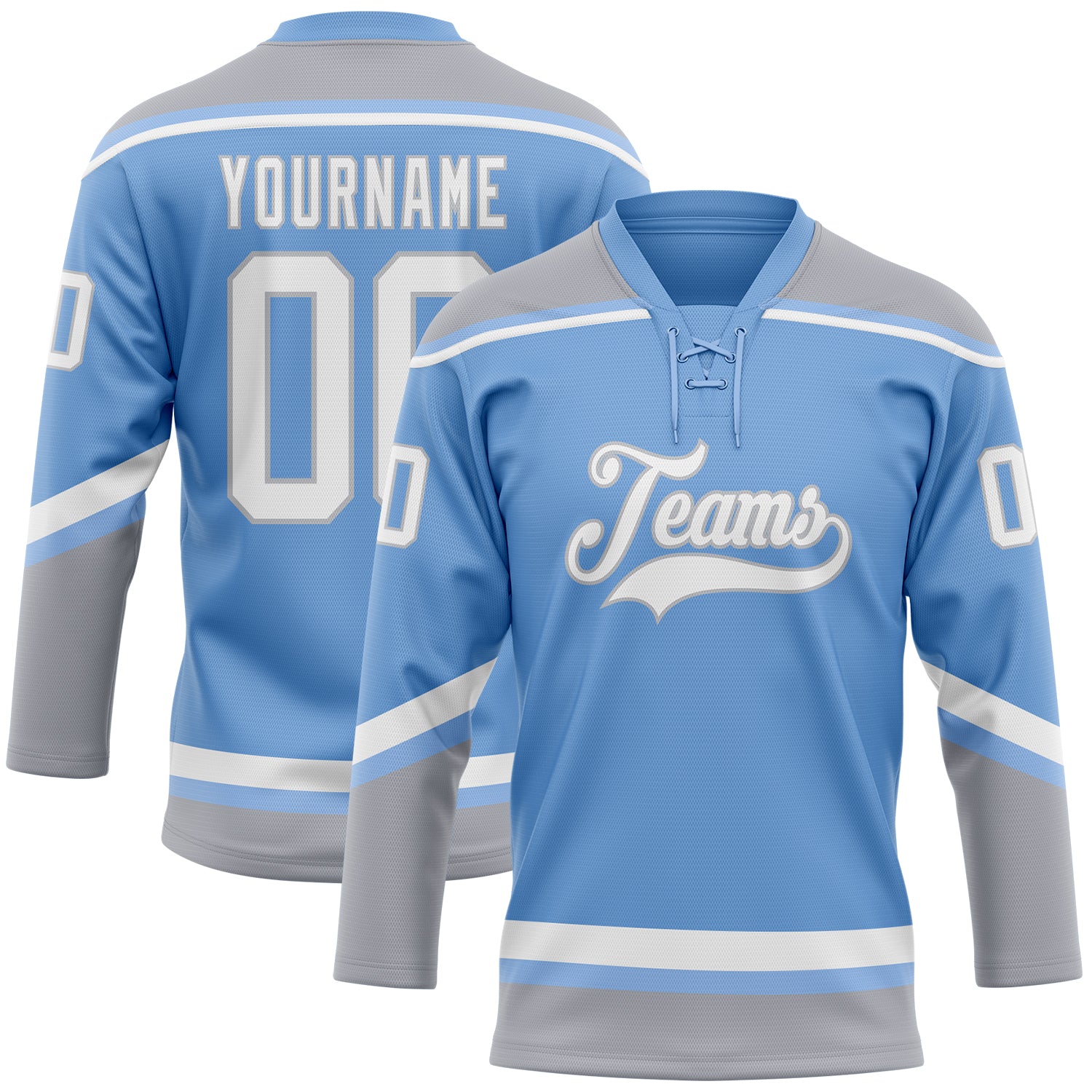 Custom Name and Number Light Blue White-Gray Hockey Jersey with Lace Neck - Personalized Team Apparel Personalized Light