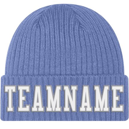 Personalized Custom Name Number Knit Hat - Light Blue White Gray Stitched Cuffed Beanie Personalized Light Blue White-Gray