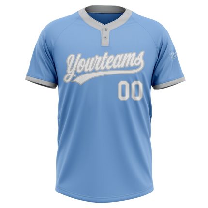 Custom Name and Number Light Blue White-Gray Two-Button Unisex Softball Jersey Personalized Light Blue White-Gray Two-Button