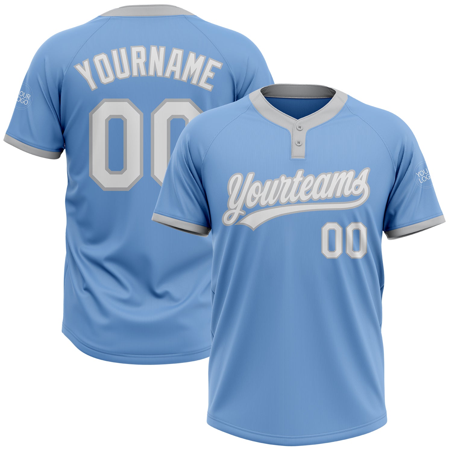Custom Name and Number Light Blue White-Gray Two-Button Unisex Softball Jersey Personalized Light Blue White-Gray Two-Button