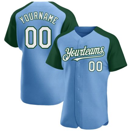 Custom Name and Number Baseball Jersey - Personalized Light Blue White-Green Authentic Raglan Sleeves Personalized Light