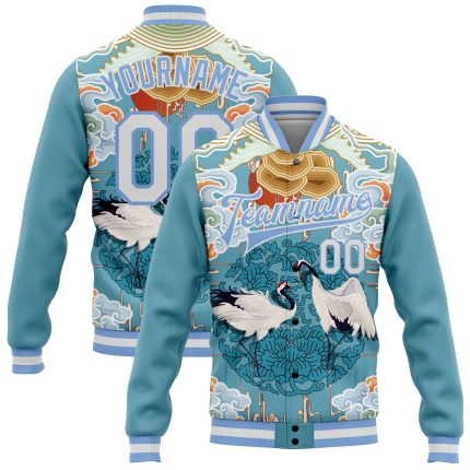 Custom Name and Number Light Blue White Heron 3D Pattern Bomber Varsity Letterman Jacket Personalized Light Blue White Heron