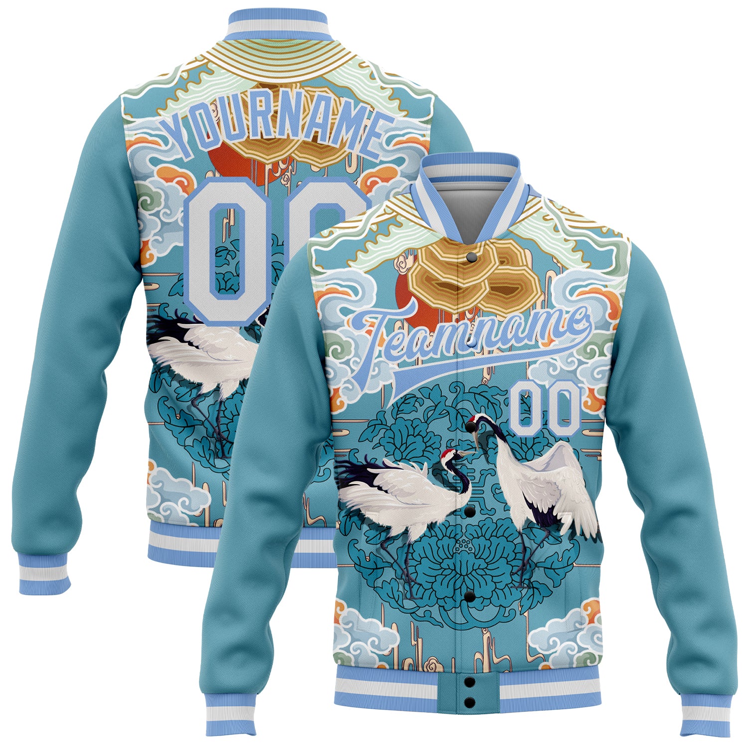 Custom Name and Number Light Blue White Heron 3D Pattern Bomber Varsity Letterman Jacket Personalized Light Blue White Heron