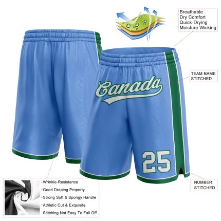 Custom Name and Number Basketball Shorts - Light Blue and White with Kelly Green - Personalized Team Gear Personalized Light