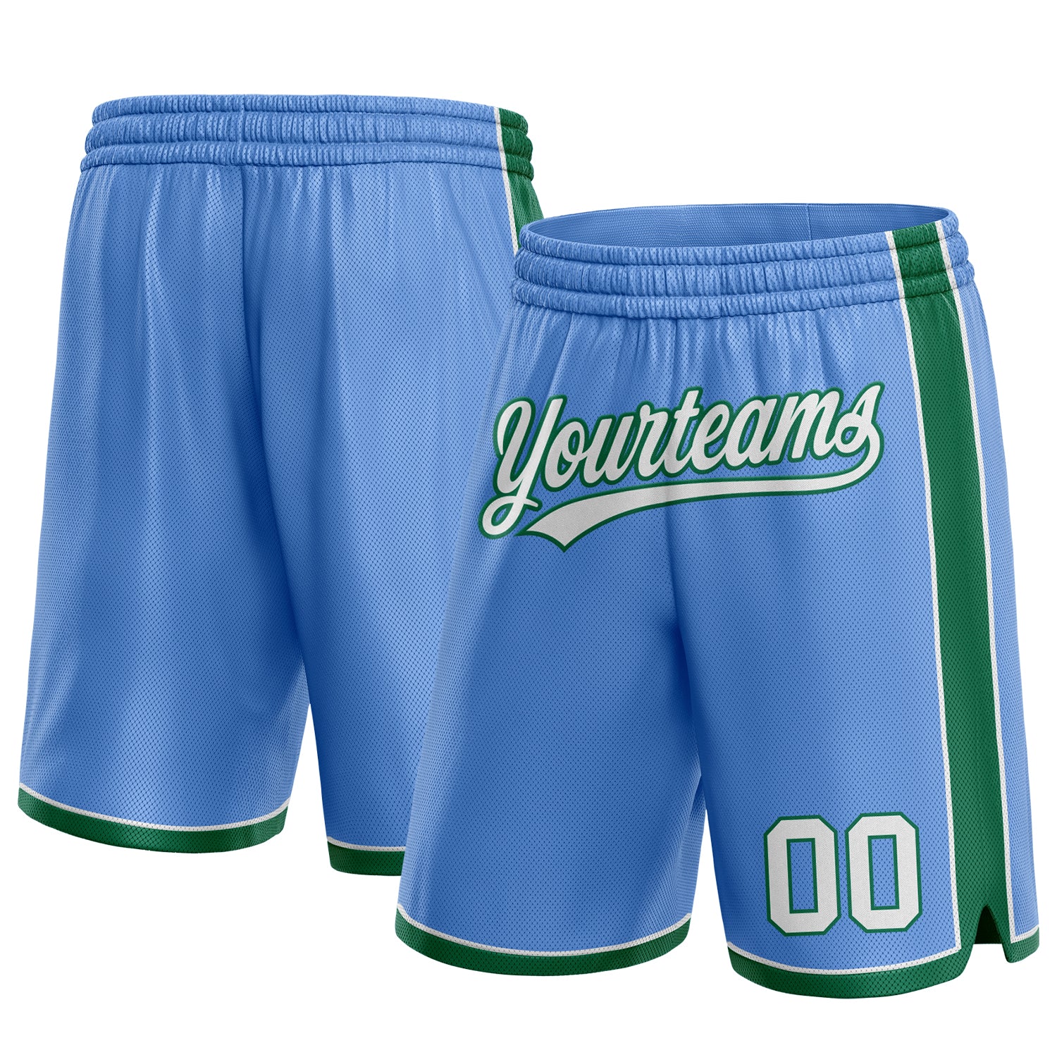 Custom Name and Number Basketball Shorts - Light Blue and White with Kelly Green - Personalized Team Gear Personalized Light