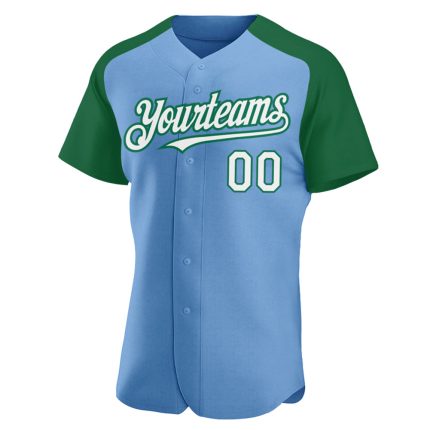 Custom Name Number Baseball Jersey - Light Blue White Kelly Green Authentic Raglan Sleeves Personalized Light Blue White-Kelly