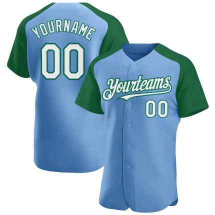Custom Name Number Baseball Jersey - Light Blue White Kelly Green Authentic Raglan Sleeves Personalized Light Blue White-Kelly