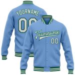 Custom Name and Number Personalized Full-Snap Varsity Letterman Jacket - Light Blue White Kelly Green Bomber Personalized