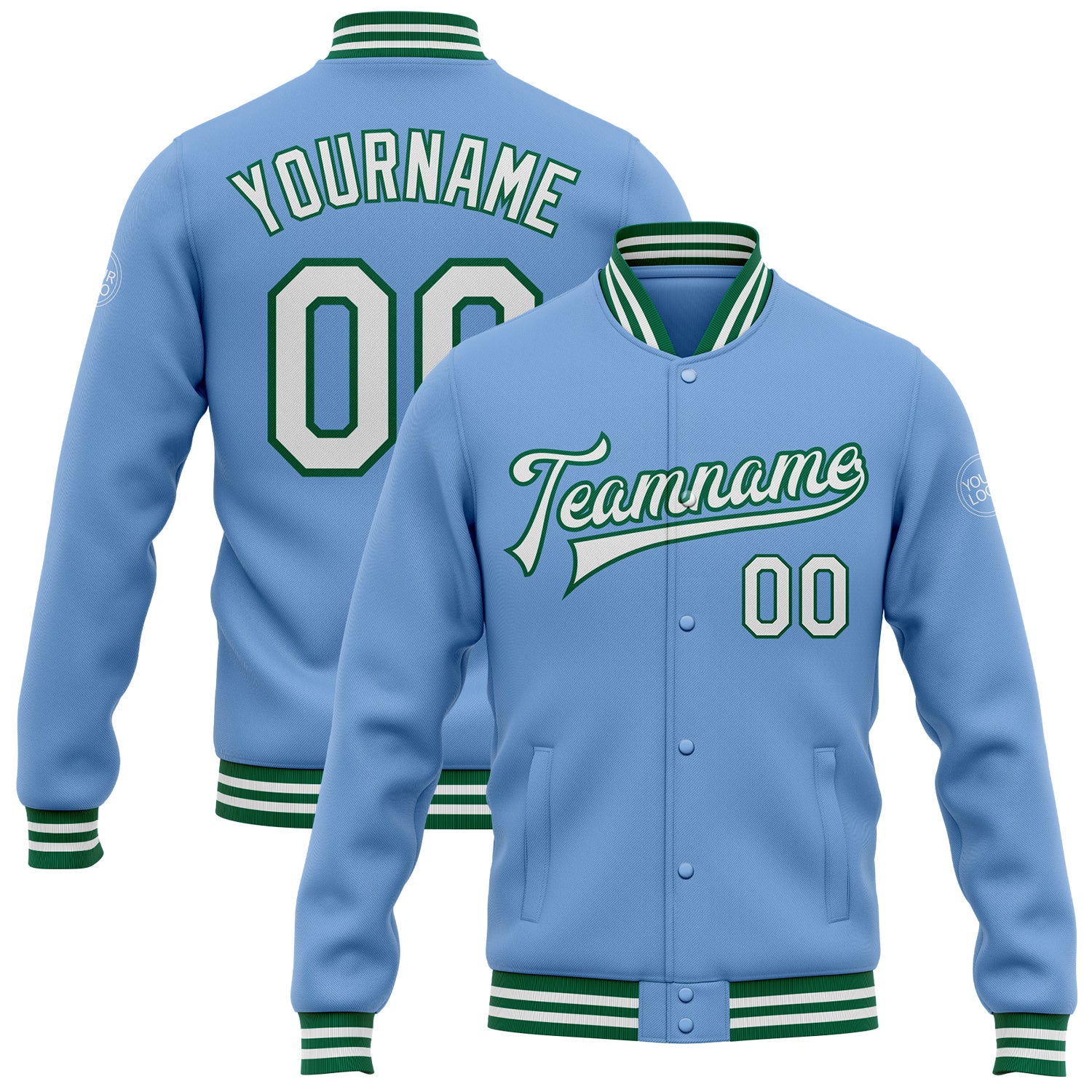 Custom Name and Number Personalized Full-Snap Varsity Letterman Jacket - Light Blue White Kelly Green Bomber Personalized