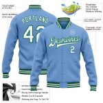 Custom Name and Number Personalized Full-Snap Varsity Letterman Jacket - Light Blue White Kelly Green Bomber Personalized