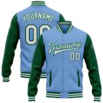 Custom Name Number Bomber Jacket Two Tone Light Blue White Kelly Green Varsity Letterman Full Snap Personalized Light Blue