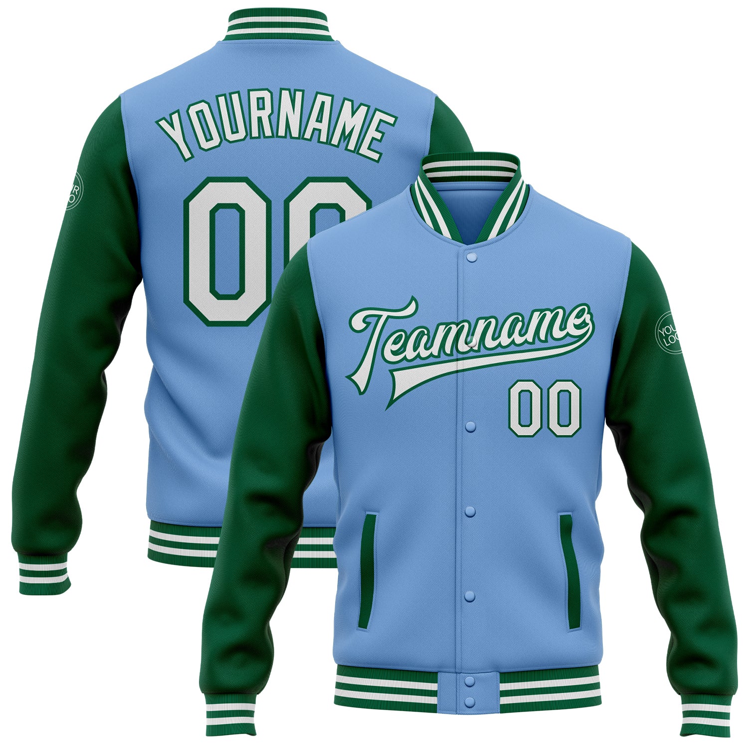 Custom Name Number Bomber Jacket Two Tone Light Blue White Kelly Green Varsity Letterman Full Snap Personalized Light Blue