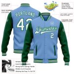 Custom Name Number Bomber Jacket Two Tone Light Blue White Kelly Green Varsity Letterman Full Snap Personalized Light Blue