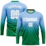 Custom Soccer Jersey with Name & Number - Light Blue White Kelly Green Fade, Long Sleeve Sublimation Team Uniform Personalized