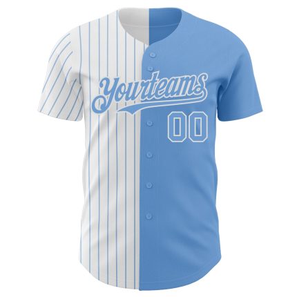 Custom Name and Number Baseball Jersey - Light Blue White Pinstripe Authentic Split Fashion Team Apparel Personalized Light
