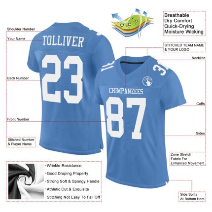 Custom Light Blue White Mesh Football Jersey with Personalized Name & Number - Authentic Team Apparel Personalized Light