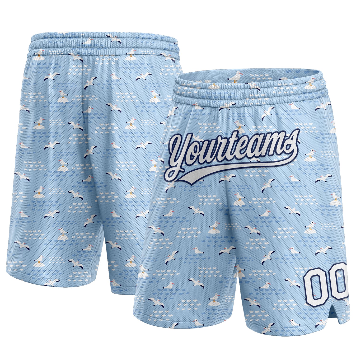 Custom Seagulls Basketball Shorts with 3D Light Blue White-Navy Pattern, Personalized Name and Number Personalized Light