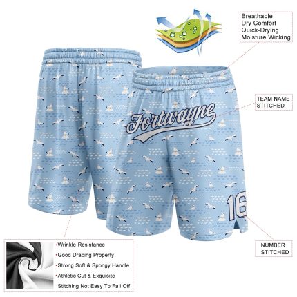Custom Seagulls Basketball Shorts with 3D Light Blue White-Navy Pattern, Personalized Name and Number Personalized Light
