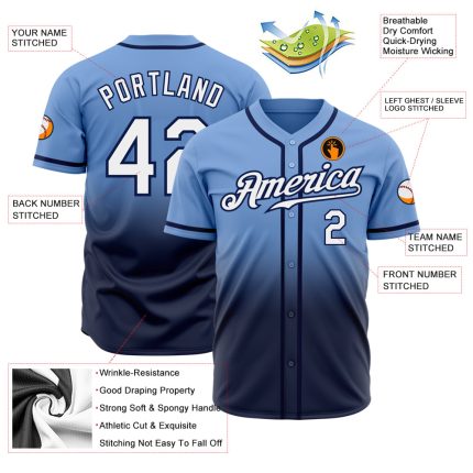 Custom Light Blue White-Navy Baseball Jersey with Authentic Fade Design, Personalized Name & Number - Team Apparel Personalized