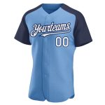 Custom Name and Number Baseball Jersey - Personalized Light Blue White Navy Authentic Raglan Sleeves Personalized Light Blue