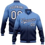 Custom Name Number Varsity Letterman Style Jacket in Light Blue White Navy Bomber Fade Fashion Design Personalized Light