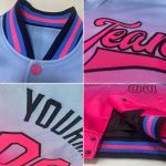 Custom Name Number Varsity Letterman Style Jacket in Light Blue White Navy Bomber Fade Fashion Design Personalized Light