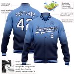 Custom Name Number Varsity Letterman Style Jacket in Light Blue White Navy Bomber Fade Fashion Design Personalized Light