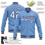 Customizable Light Blue White-Navy Varsity Letterman Jacket with Team Name and Number - Full-Snap Bomber Style Personalized