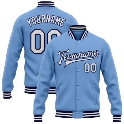 Customizable Light Blue White-Navy Varsity Letterman Jacket with Team Name and Number - Full-Snap Bomber Style Personalized
