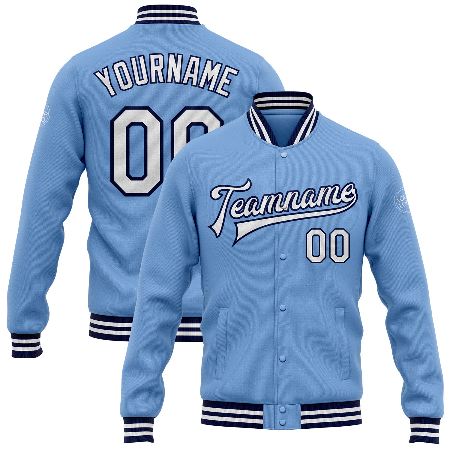 Customizable Light Blue White-Navy Varsity Letterman Jacket with Team Name and Number - Full-Snap Bomber Style Personalized