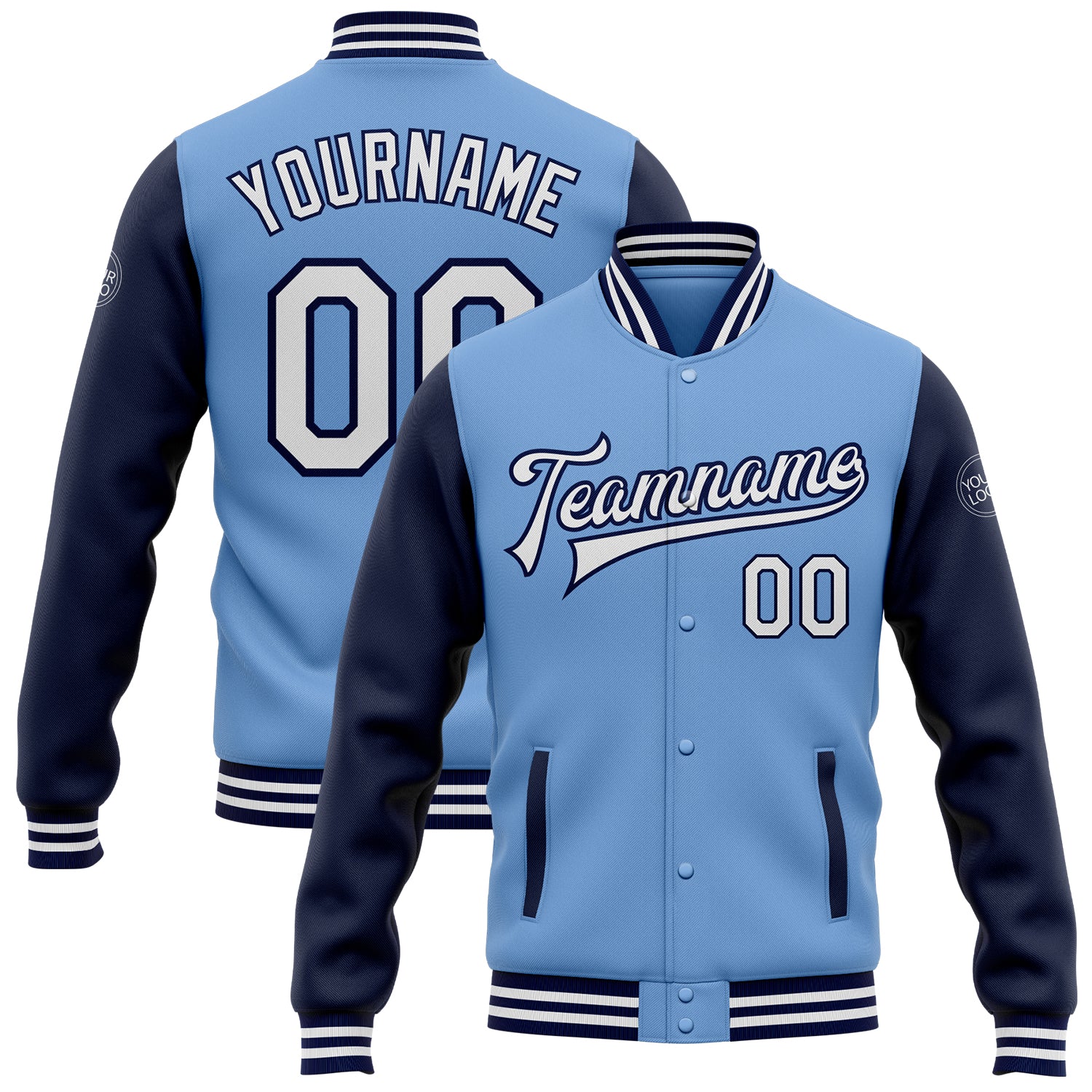 Custom Name and Number Light Blue White Navy Bomber Varsity Letterman Two Tone Jacket Personalized Light Blue White-Navy