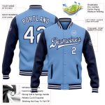 Custom Name and Number Light Blue White Navy Bomber Varsity Letterman Two Tone Jacket Personalized Light Blue White-Navy