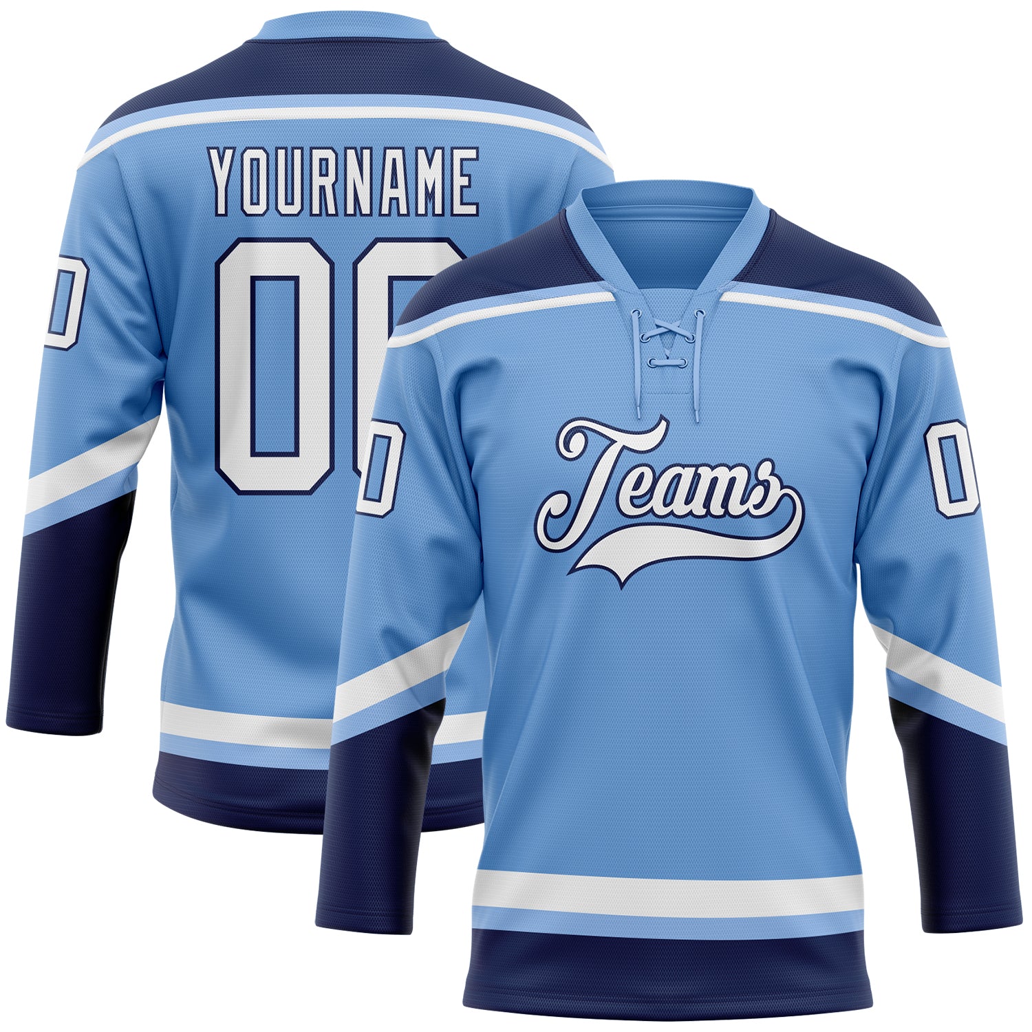 Custom Light Blue White-Navy Hockey Jersey with Personalized Name and Number - Team Lace Neck Jersey Personalized Light Blue