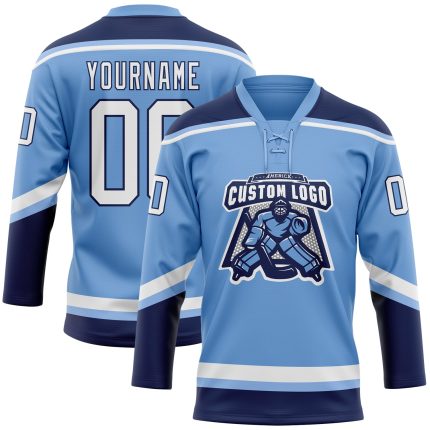 Custom Light Blue White-Navy Hockey Jersey with Personalized Name and Number - Team Lace Neck Jersey Personalized Light Blue