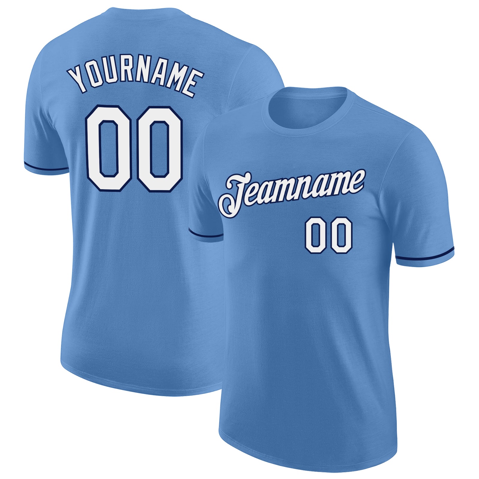 Custom Light Blue White-Navy Performance T-Shirt with Personalized Name and Number for Teams Personalized Light Blue White-Navy