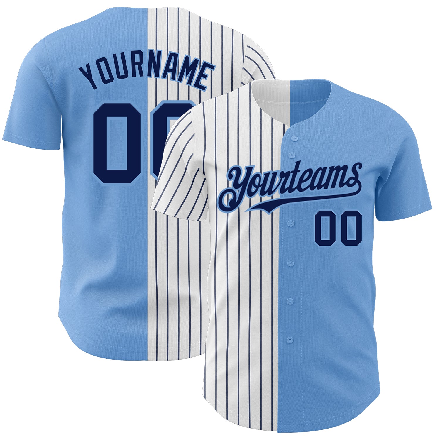 Customizable Light Blue White Navy Pinstripe Baseball Jersey with Personalized Name and Number - Authentic Split Design Personalized