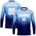 Custom Soccer Jersey with Personalized Name & Number - Light Blue White-Navy Long Sleeve Fade Fashion Uniform Personalized