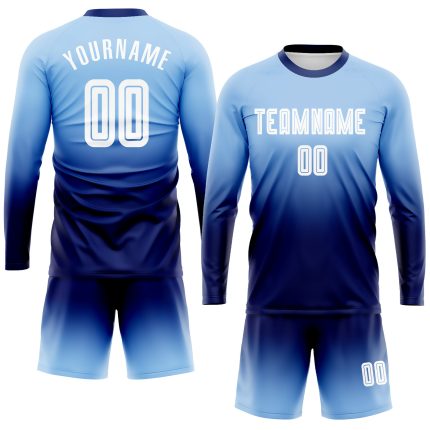 Custom Soccer Jersey with Personalized Name & Number - Light Blue White-Navy Long Sleeve Fade Fashion Uniform Personalized
