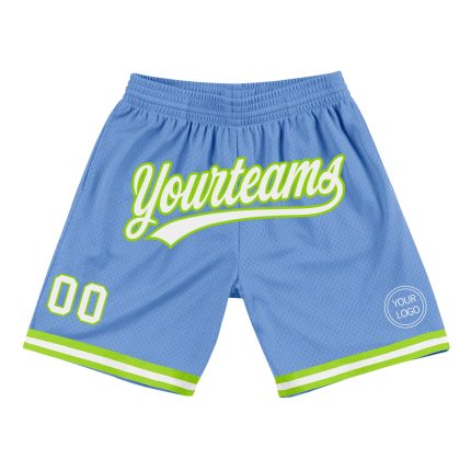 Custom Name Number Authentic Basketball Shorts Light Blue White Neon Green - Personalized Throwback Style Personalized Light