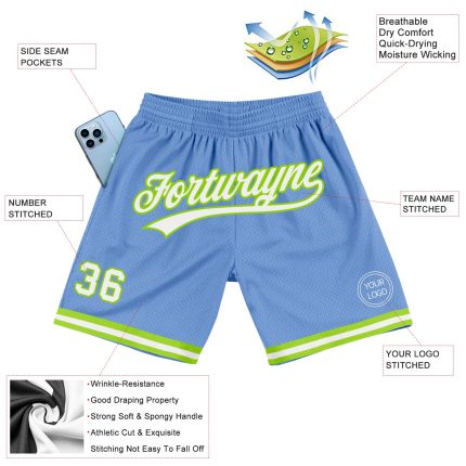 Custom Name Number Authentic Basketball Shorts Light Blue White Neon Green - Personalized Throwback Style Personalized Light
