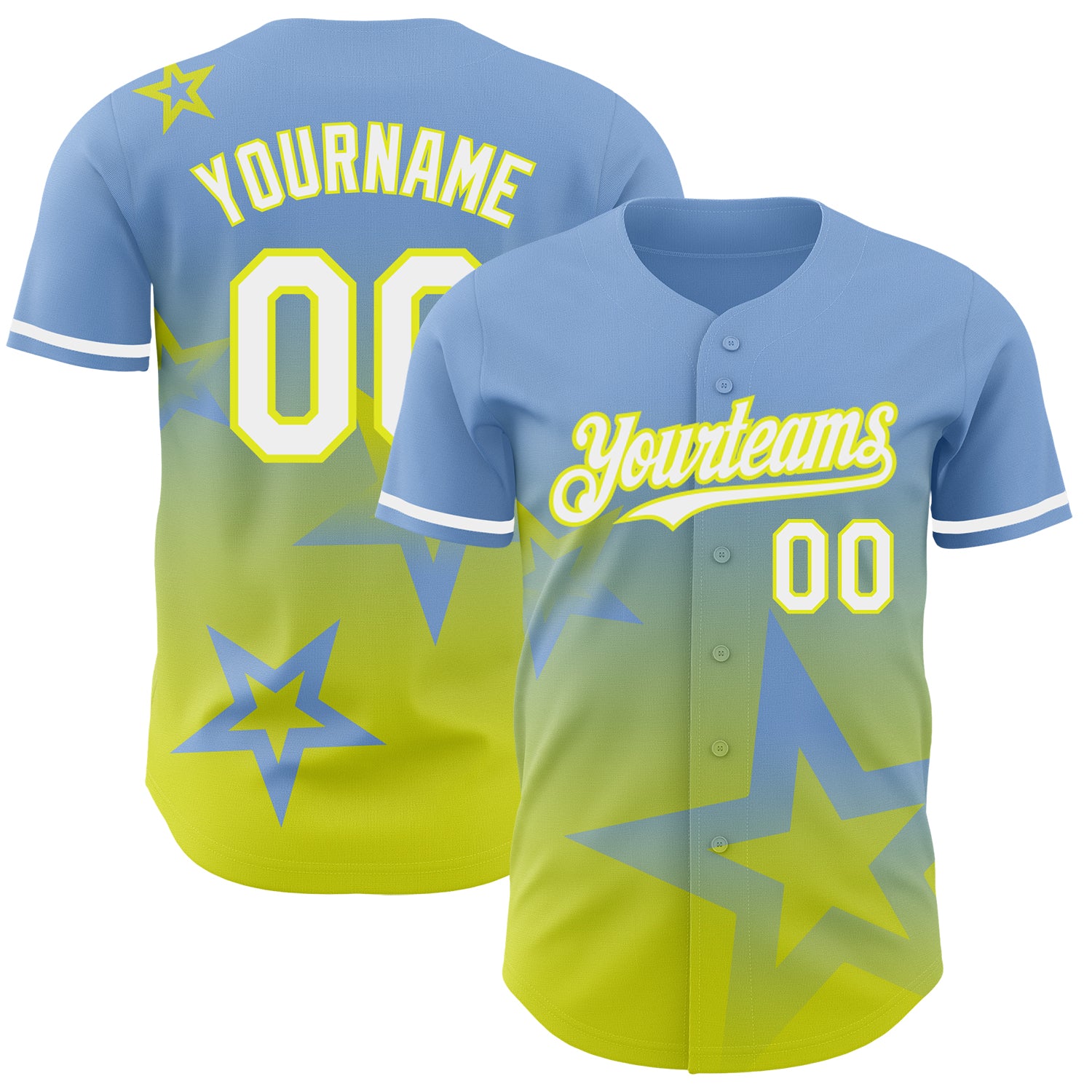 Personalized 3D Twinkle Star Gradient Baseball Jersey Custom Name & Number, Light Blue White Neon Yellow Design Personalized
