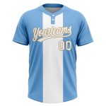 Custom Team Name and Number Light Blue White Old Gold 3D Pattern Unisex Softball Jersey - Personalized Two-Button Design