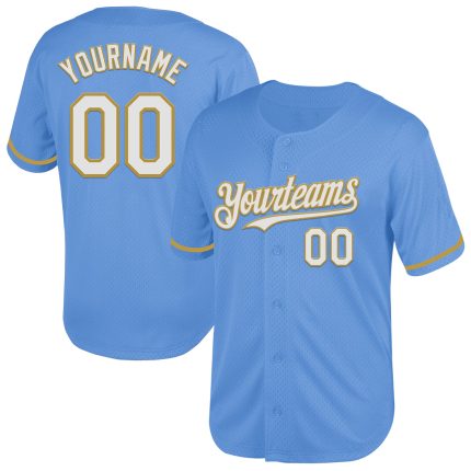 Customizable Light Blue White Old Gold Mesh Baseball Jersey with Personalized Name and Number - Authentic Throwback Style